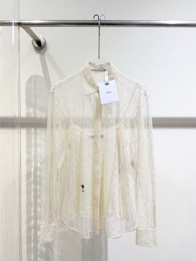 🚩steal Dior Sheer Lace Long-Sleeve Blouse in Cream